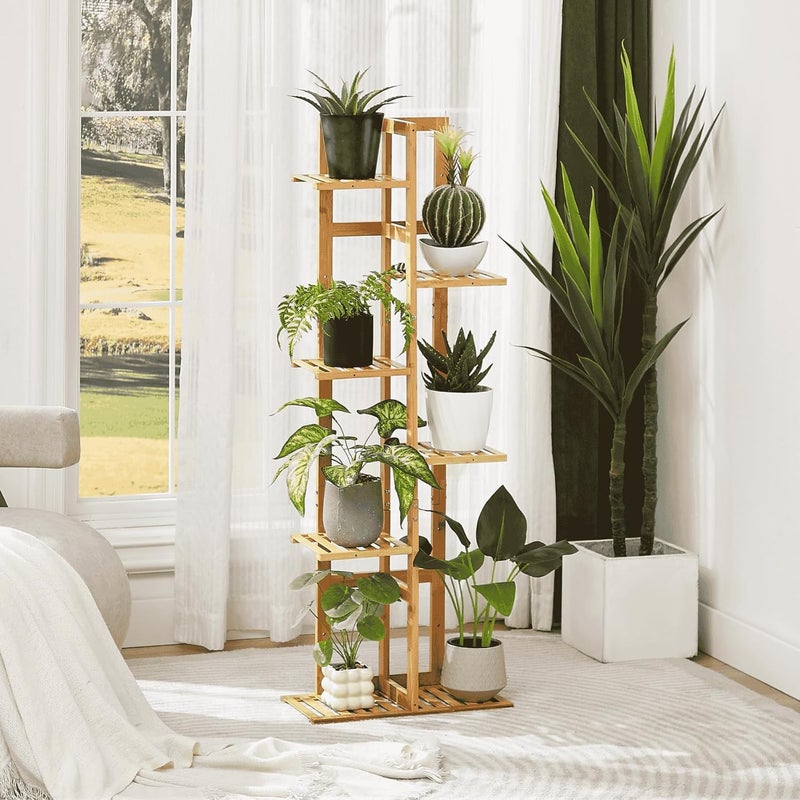 DolceLuna Plant Stand Indoor Corner, Tiered Bamboo Plant Shelf 46 Inch Tall, Plant Rack 6 Tier for Multiple Small Plants, Flower Holders for Living Room Bedroom Window Patio Balcony, Natural - Image 1